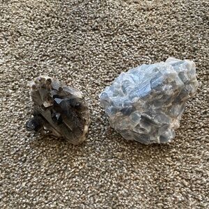 Pair of Natural Crystal Clusters Smoky Quartz and Blue Calcite